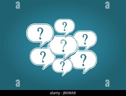 Question marks in speech bubbles. Speech balloons with question mark.  Questions, FAQ, Ask us, Help, concept. Blue background. Vector illustration. Stock Vector