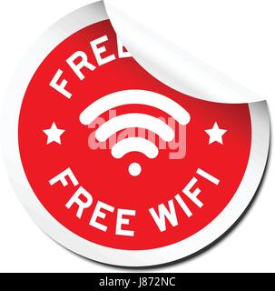 Red free wifi with signal icon sticker with peel off on white background Stock Vector