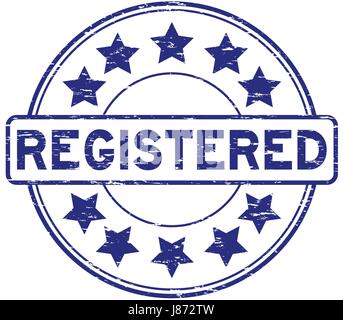 Grunge blue registered with star icon round rubber stamp on white background Stock Vector