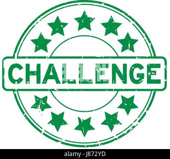 Grunge green challenge with star icon round rubber seal stamp Stock Vector