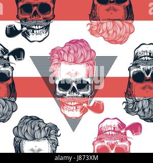 Kitschy seamless pattern. Human skulls with hipster hairstyle and smoking pipe drawn in engraving style against red horizontal stripes and black triangles on background. Vector illustration Stock Vector