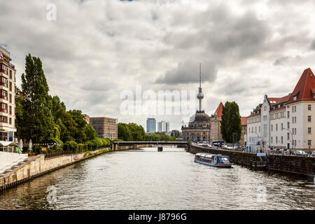 View on River Spree Embankment and Berlin TV Tower, Germany Stock Photo