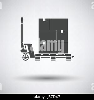 Hand hydraulic pallet truc with boxes icon on gray background, round shadow. Vector illustration. Stock Vector