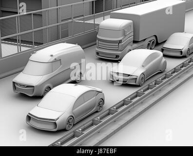 Clay model rendering of traffic jam on a highway.  3D rendering image. Stock Photo