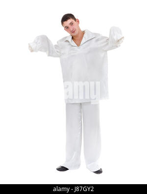 Portrait of sad mime, Pierrot isolated on white background in full length. Stock Photo