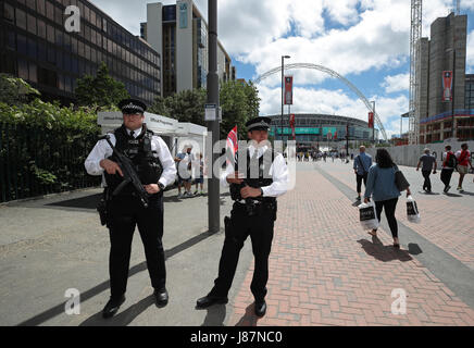 Police presence outside the Emirates Stadium, London, ahead of the UEFA Champions League, league