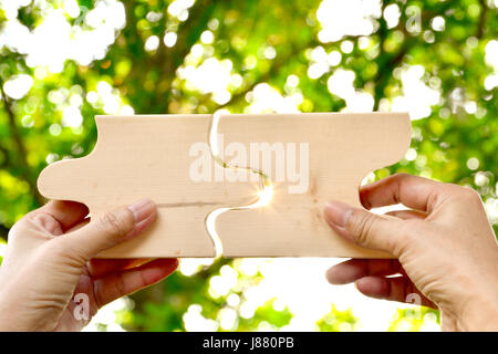 hand holding wood jigsaw piece texture pattern on nature background Stock Photo