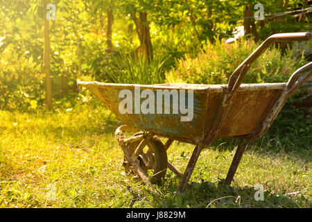 The old rusty cement cart, Cart mortar on nature background. Stock Photo