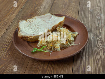 Frankfurter Rippchen - hot cured cutlet with sauerkraut,traditional dish served in and around Frankfurt am Main, German Stock Photo