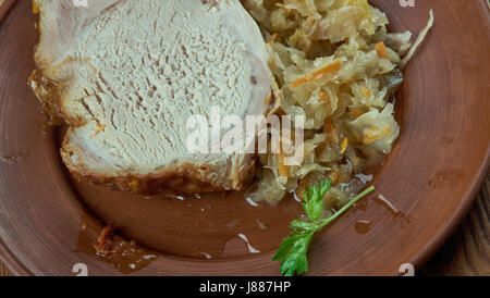 Frankfurter Rippchen - hot cured cutlet with sauerkraut,traditional dish served in and around Frankfurt am Main, German Stock Photo