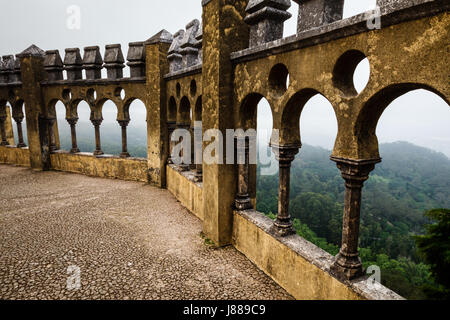 Open Arch Windows in Pena Palace with View on City of Sintra, Portugal Stock Photo