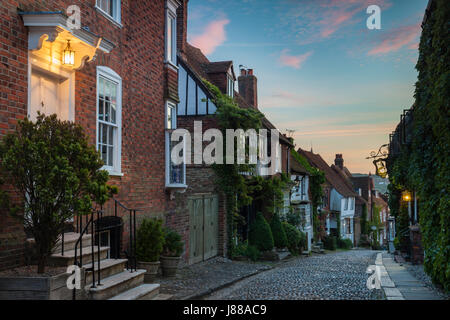 Sunset on Mermaid Street in Rye, East Sussex, England. Stock Photo