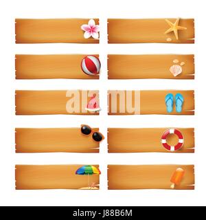 Collection of blank wood banner with summer icon element isolated on white background vector illustration eps10 Stock Vector