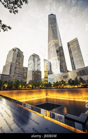 9/11 Memorial, The National September 11 Memorial & Museum, One World Trade Center at night, New York Stock Photo