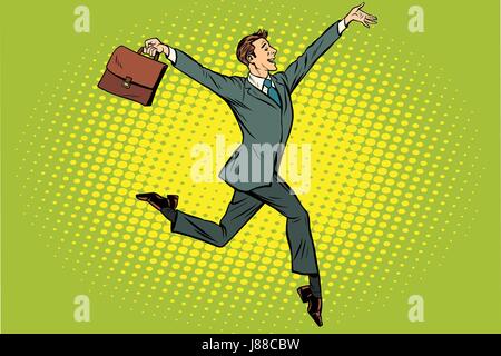 Happy businessman running with briefcase to job fair vector ...