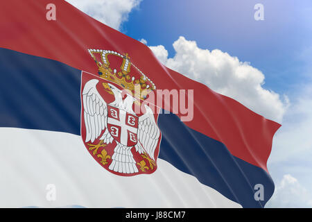 3D rendering of Serbia flag waving on blue sky background, Statehood Day of the Republic of Serbia. The beginning of the Serbian revolution against Ot Stock Photo