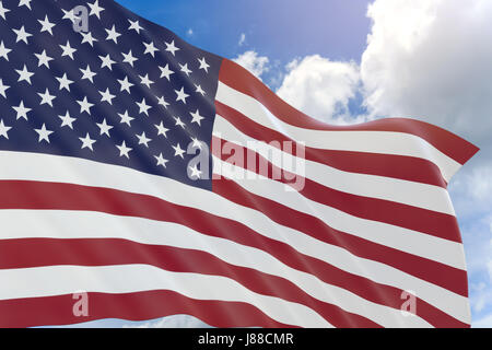 3D rendering of United States of America flag waving on blue sky background, Independence Day of the United States, also referred to as the Fourth of  Stock Photo