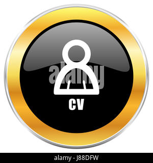 Cv black web icon with golden border isolated on white background. Round glossy button. Stock Photo