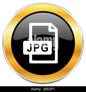 Jpg file black web icon with golden border isolated on white background. Round glossy button. Stock Photo