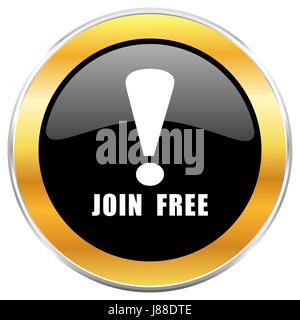 Join free black web icon with golden border isolated on white background. Round glossy button. Stock Photo