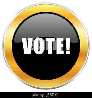 Vote black web icon with golden border isolated on white background. Round glossy button.
