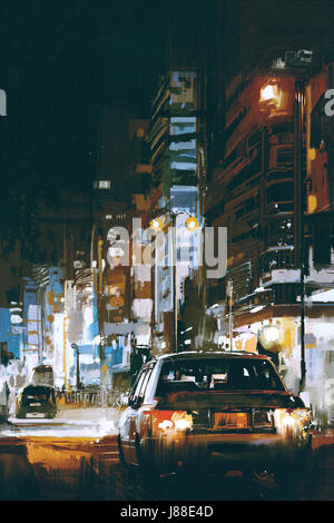 digital art of cars in city street at night with colorful lights, illustration painting Stock Photo