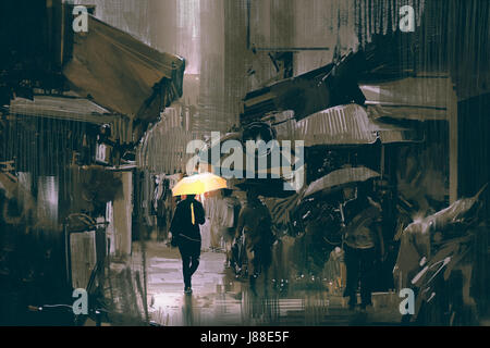 the man with glowing yellow umbrella walking in city alley in rainy day with digital art style, illustration painting Stock Photo
