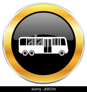 Bus red web icon with golden border isolated on white background. Round ...
