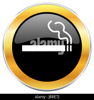 Cigarette black web icon with golden border isolated on white background. Round glossy button. Stock Photo