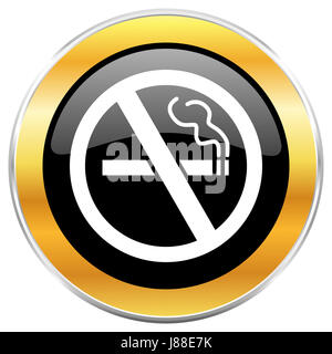 No smoking black web icon with golden border isolated on white background. Round glossy button. Stock Photo