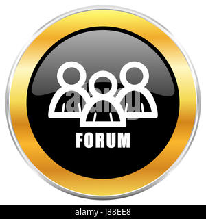 Forum black web icon with golden border isolated on white background. Round glossy button. Stock Photo