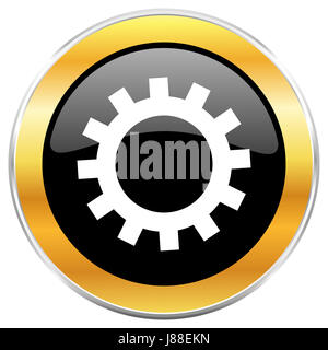 Gear black web icon with golden border isolated on white background. Round glossy button. Stock Photo