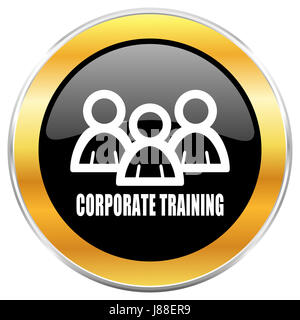 Corporate training black web icon with golden border isolated on white background. Round glossy button. Stock Photo