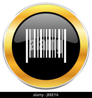 Barcode black web icon with golden border isolated on white background. Round glossy button. Stock Photo