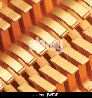 Copper CPU or GPU Cooler Heat Sink Macro Closeup, Large Detailed Horizontal Background Textured Pattern Abstract, Yellow, Gold, Golden, Gentle Bokeh H Stock Photo