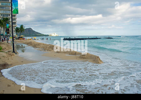 Record high tides or king tides in Waikiki Beach in May 2017, Oahu, Hawaii Stock Photo