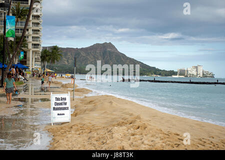 Record high tides or king tides in Waikiki Beach in May 2017, Oahu, Hawaii Stock Photo