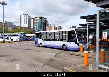 Buchanan Street Bus Station, Glasgow with a single decker bus parked at a platform. Scotland. Stock Photo