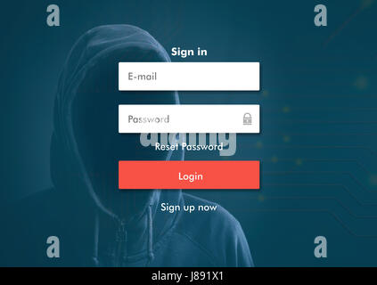 Internet security concept- hacker on background, login screen Stock Photo