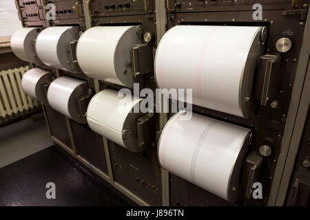 Seismograph records an earthquake on the sheet of measuring paper. Seismological device for measuring earthquakes. Seismograph machine needle drawing  Stock Photo