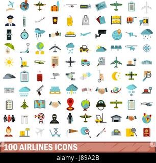 100 airlines icons set, flat style Stock Vector