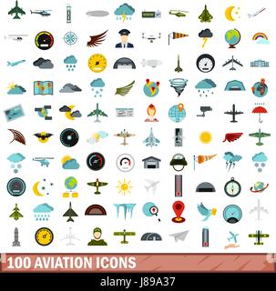 100 aviation icons set, flat style Stock Vector