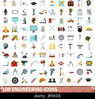 100 engineering icons set, flat style Stock Vector