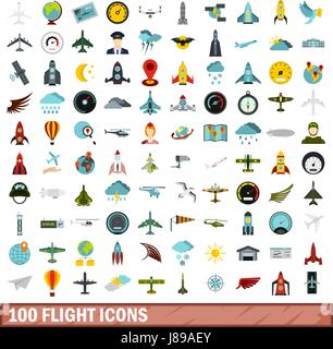 100 flight icons set, flat style Stock Vector
