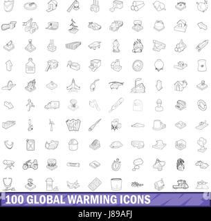 100 global warming icons set, outline style Stock Vector