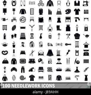 100 needlework icons set, simple style  Stock Vector
