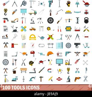 100 tools engineering icons set, flat style Stock Vector Image & Art ...