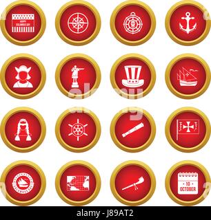 Columbus Day icon red circle set Stock Vector
