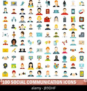 100 social communication icons set, flat style Stock Vector
