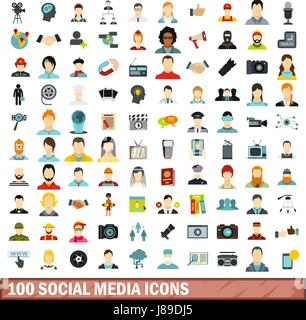 100 social media icons set, flat style Stock Vector